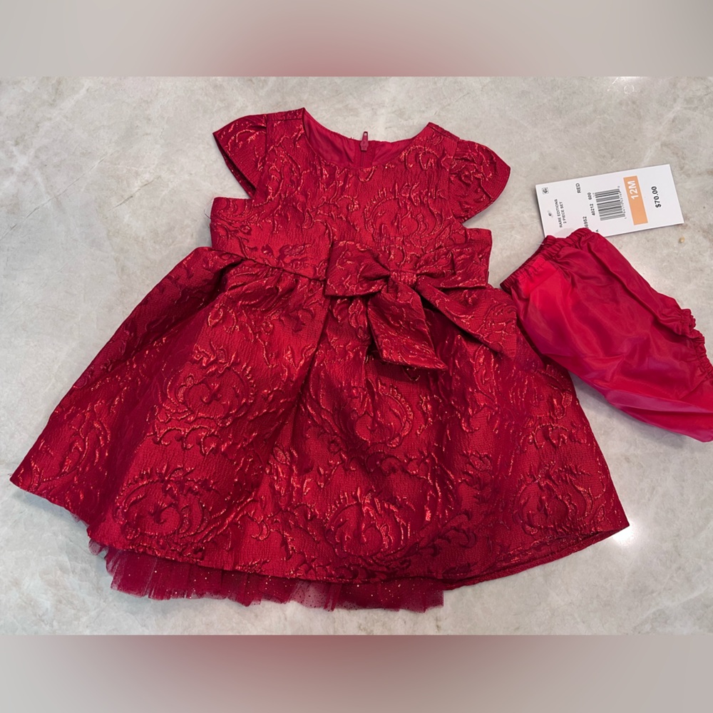 NWT Rare Editions Christmas Holiday Red Dress with Bow 12M Girl Outfit
